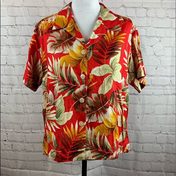 VINTAGE BASIC EDITIONS Hawaiian Shirt Red Button Down with Short Sleeves - Picture 1 of 13